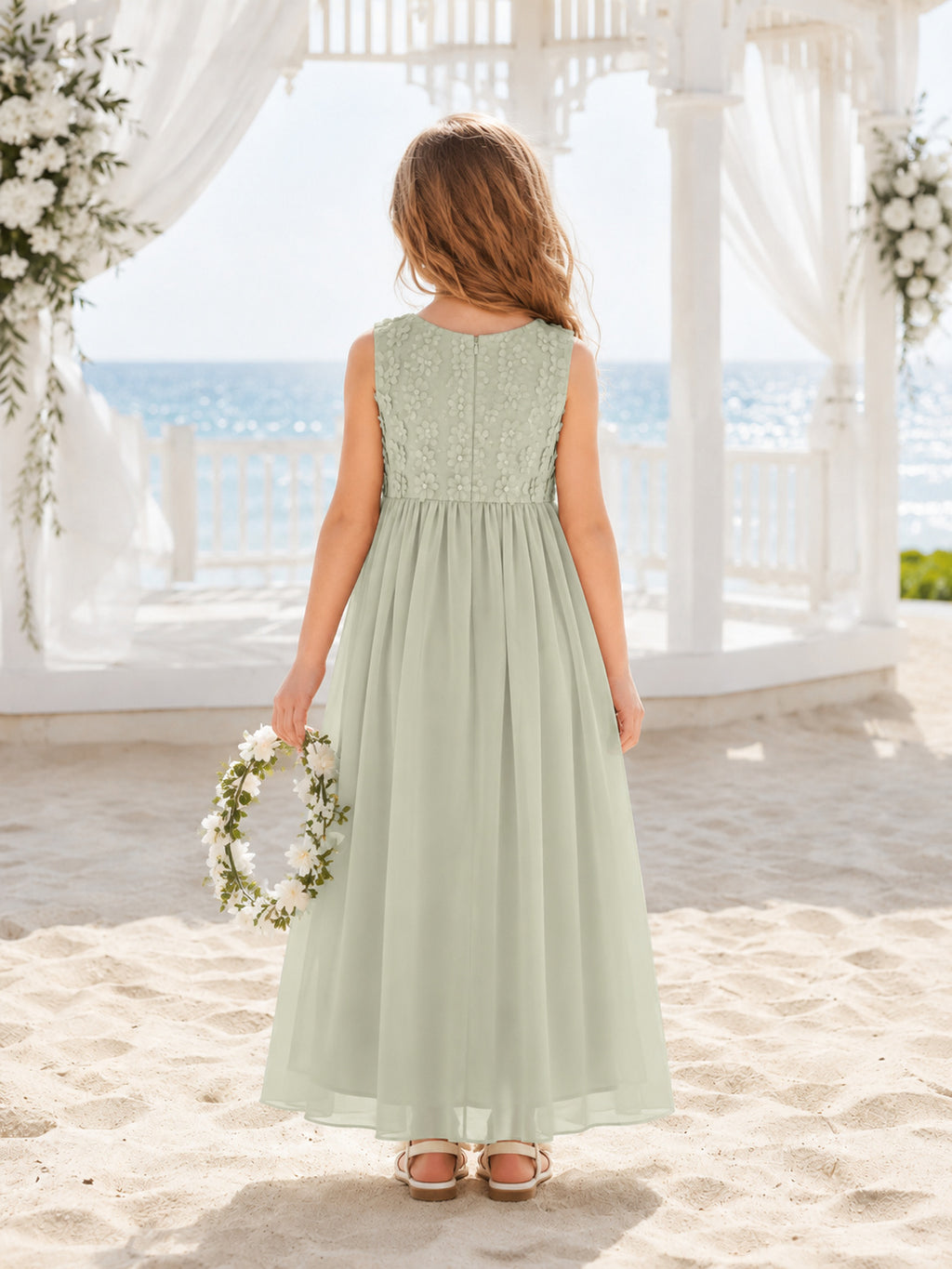 Sage Chiffon A-Line Flower Girl Dress Sleeveless Square Neck Tea Length Pleated back view