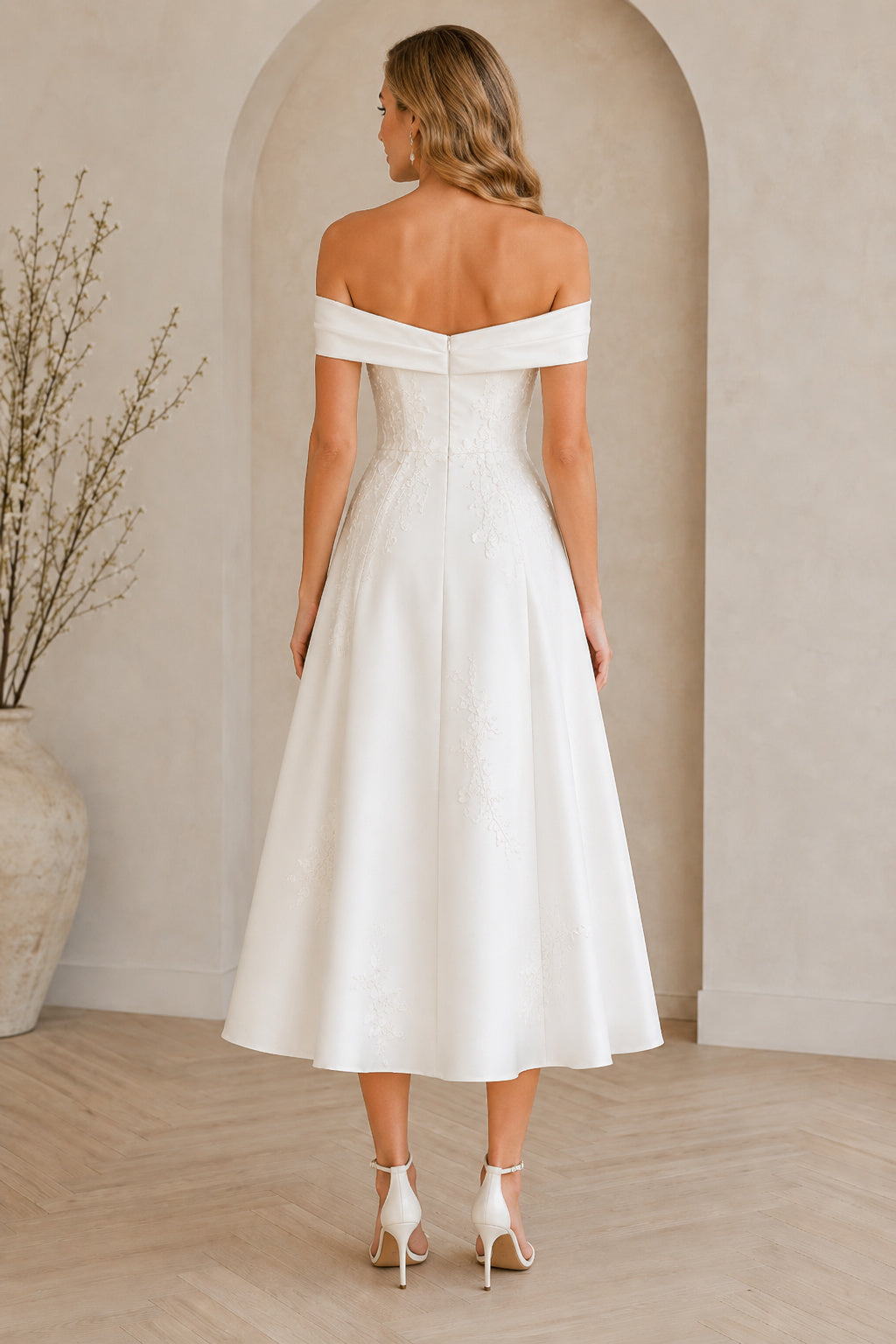 White Off Shoulder Satin Tea Length Wedding Dress for Wedding Reception and Party back view