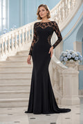 Black Long Sleeve Lace Illusion Mermaid Evening Dress for Wedding Guests Cocktail Parties and Receptions front view