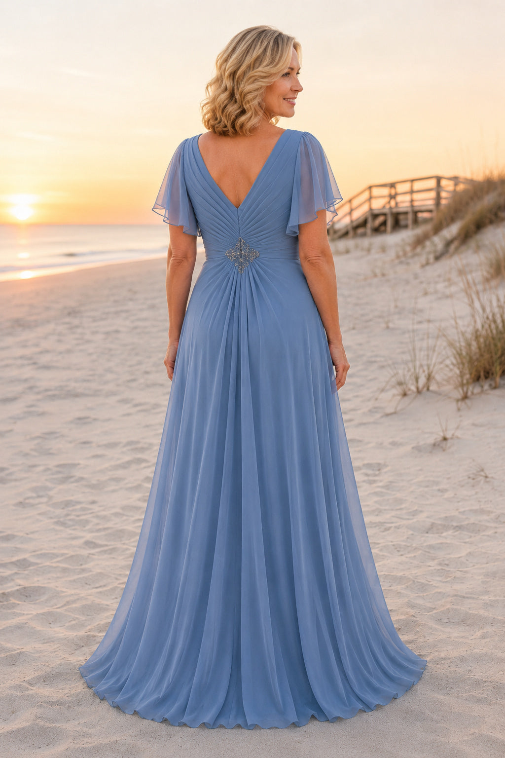 Steel Blue V-Neck Plus Size Mother Dress with Flutter Sleeves and Beaded Waist for Evening Reception back view