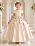 Champagne Bow Back Satin A-Line Flower Girl Dress with Jewel Neck, Cap Sleeves, and Floor-length Skirt front view