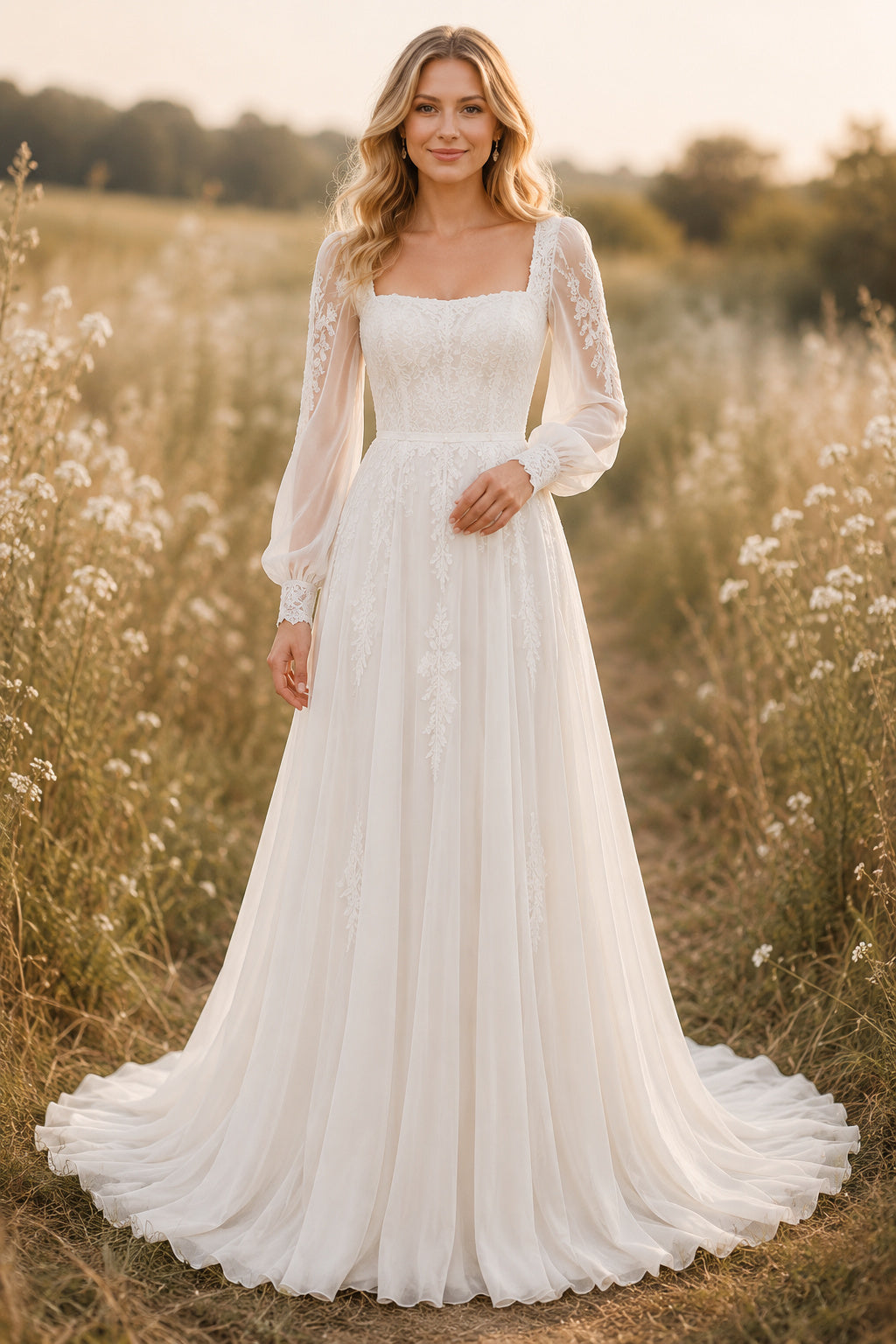 Square Neck Long Sleeve A-Line Wedding Dress with Simple Tulle Skirt and Sweep Train front view