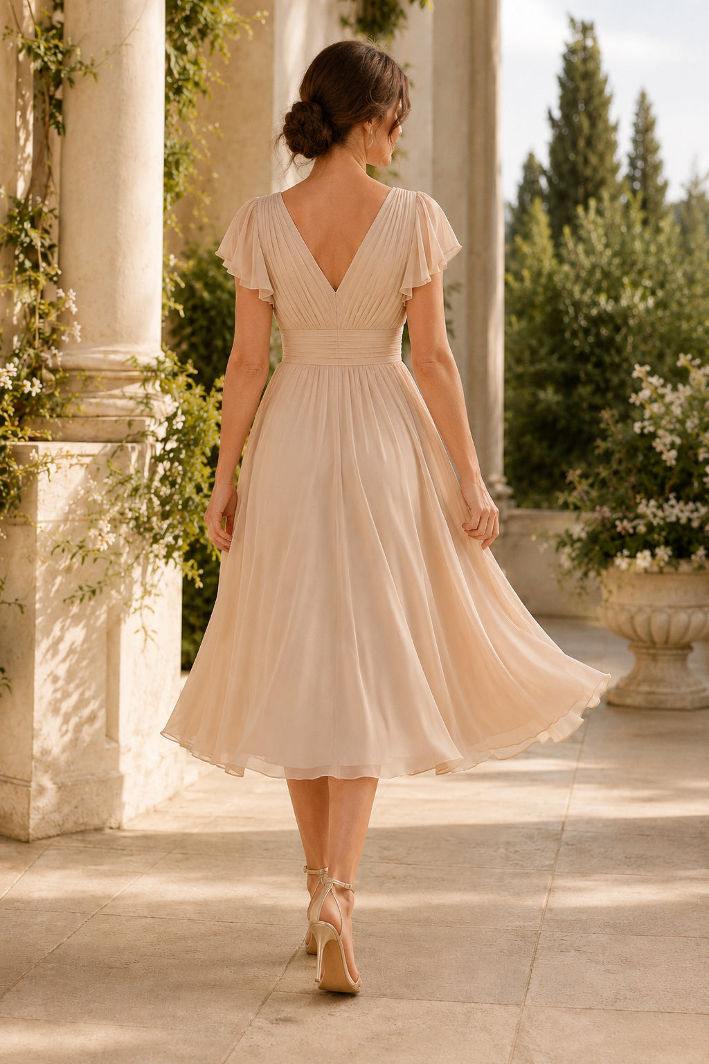 Champagne Wedding Guest Sheath Dress Style MG_301580 back view
