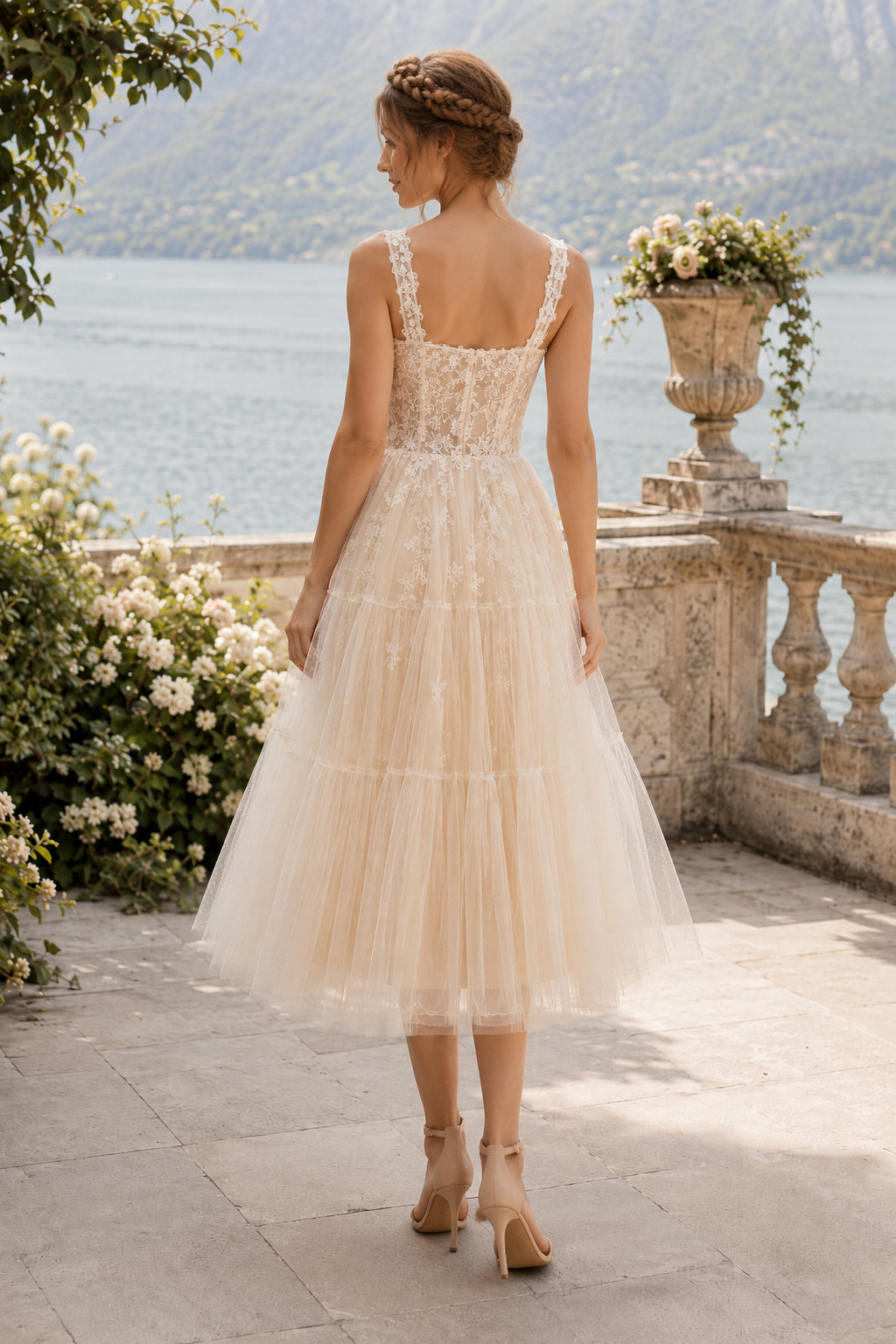 Champagne Square Strap Tulle Tea Length Wedding Dress for Wedding Reception and Party back view