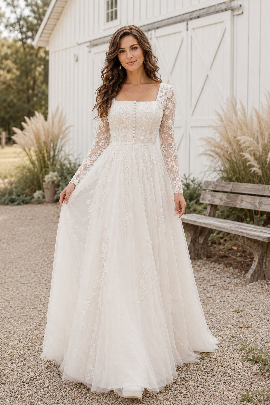 Square Neck Long Sleeve A-Line Wedding Dress with Simple Tulle Skirt and Train for Rustic Garden Ceremony front view