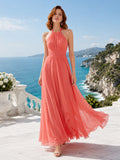 Coral Chiffon Halter Neck Flowing Beach Formal Maxi Dress front view