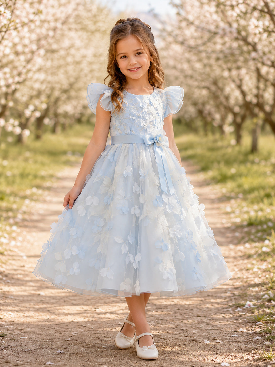Adorable Organza Tea-Length A-Line Flutter Sleeve Floral Sky Blue Flower Girl Garden Dress front view