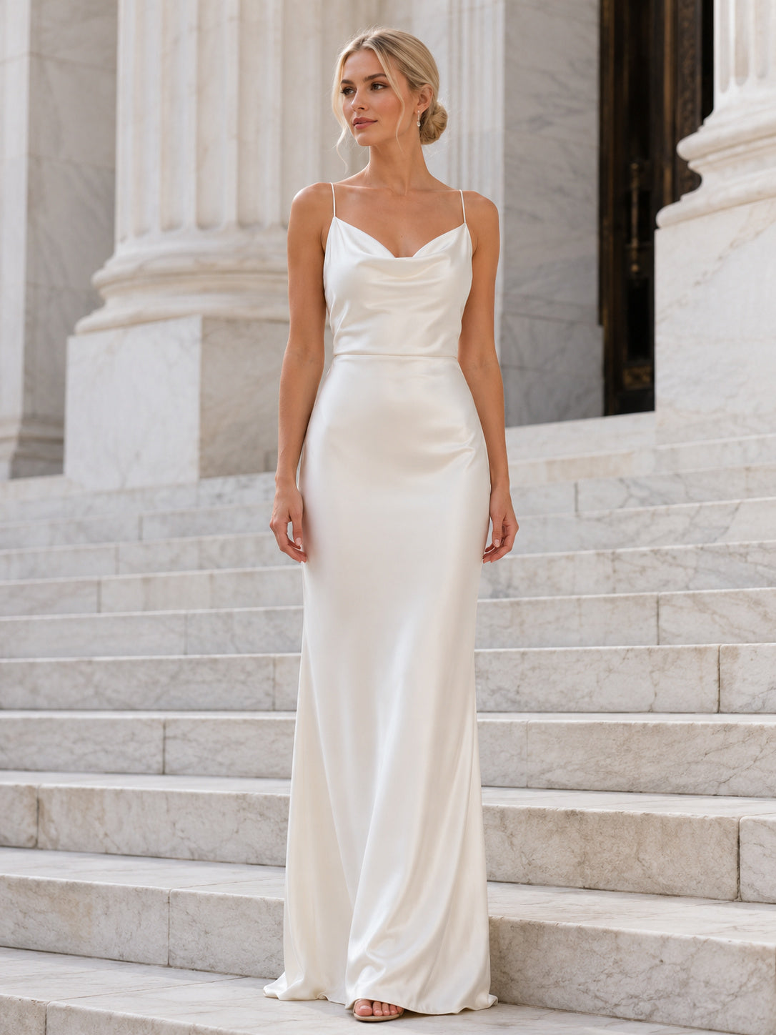 Minimal Cowl Neck Satin Wedding Sheath Spaghetti Strap Floor Length Elopement front view