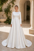 White Bateau Three-Quarter Sleeves A-Line Chiffon Floor-length Wedding Dress With Sweep Train and Open Back and Open Back