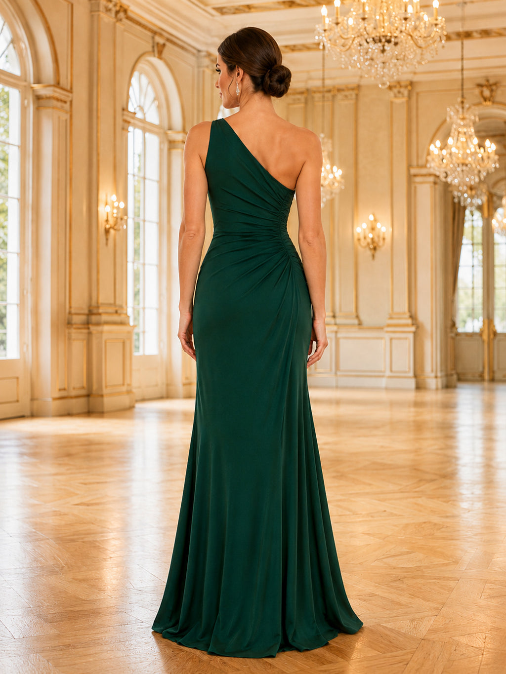 Dark Green Grand Ballroom Wedding Guest Bridesmaid Evening Formal Dress Mermaid Trumpet Floor-Length One-Shoulder Sleeveless