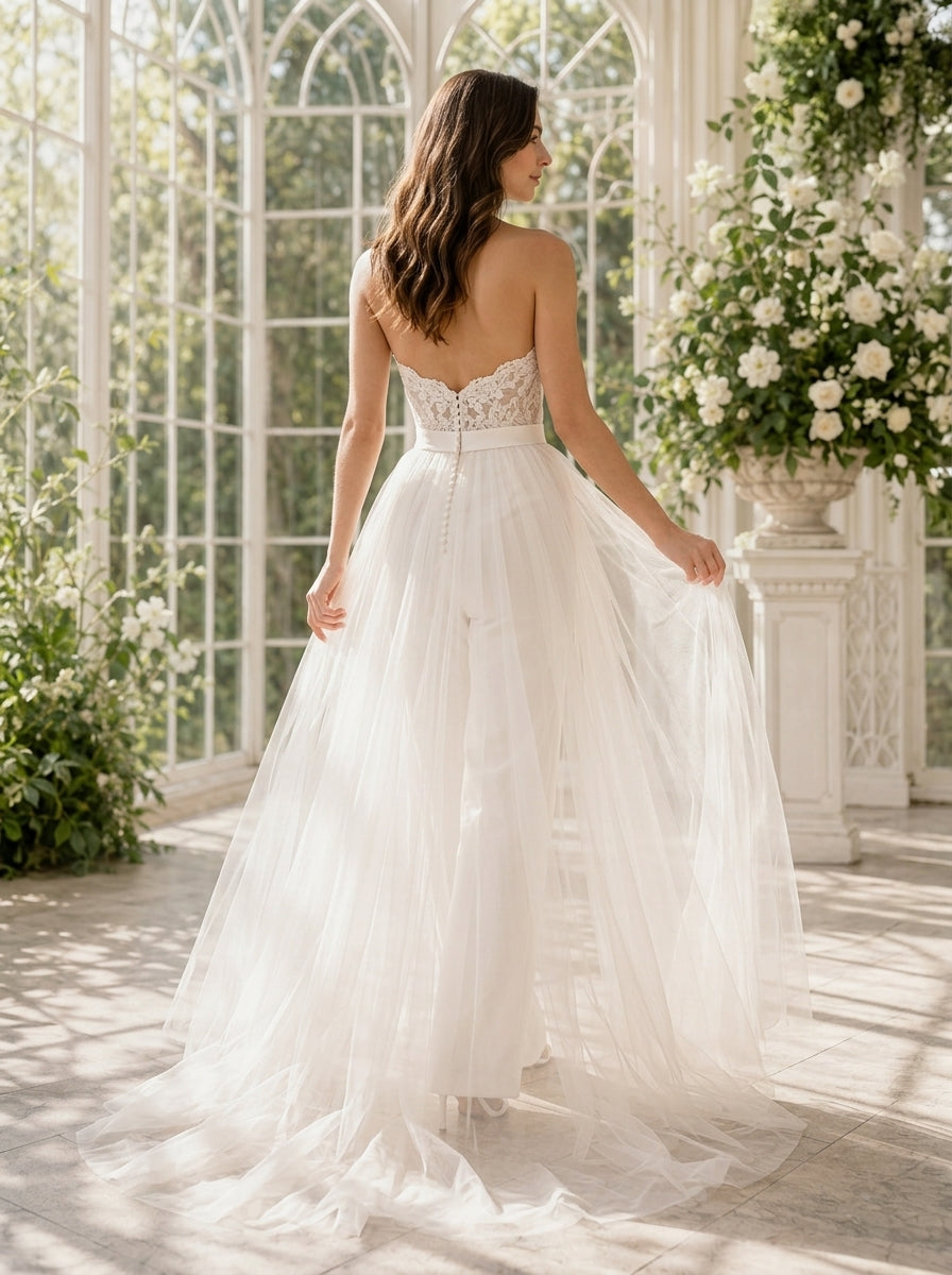 Strapless Lace Bodice Wedding Jumpsuit with Tulle Overskirt back view