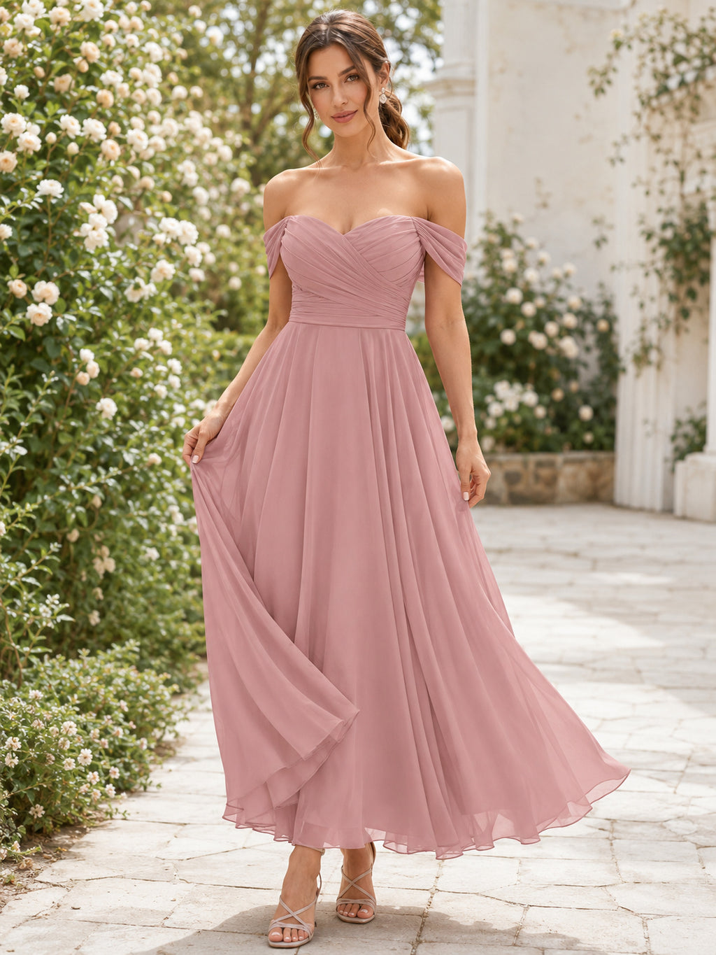 Dusty Rose Lace-up Back Chiffon Midi Dress front view