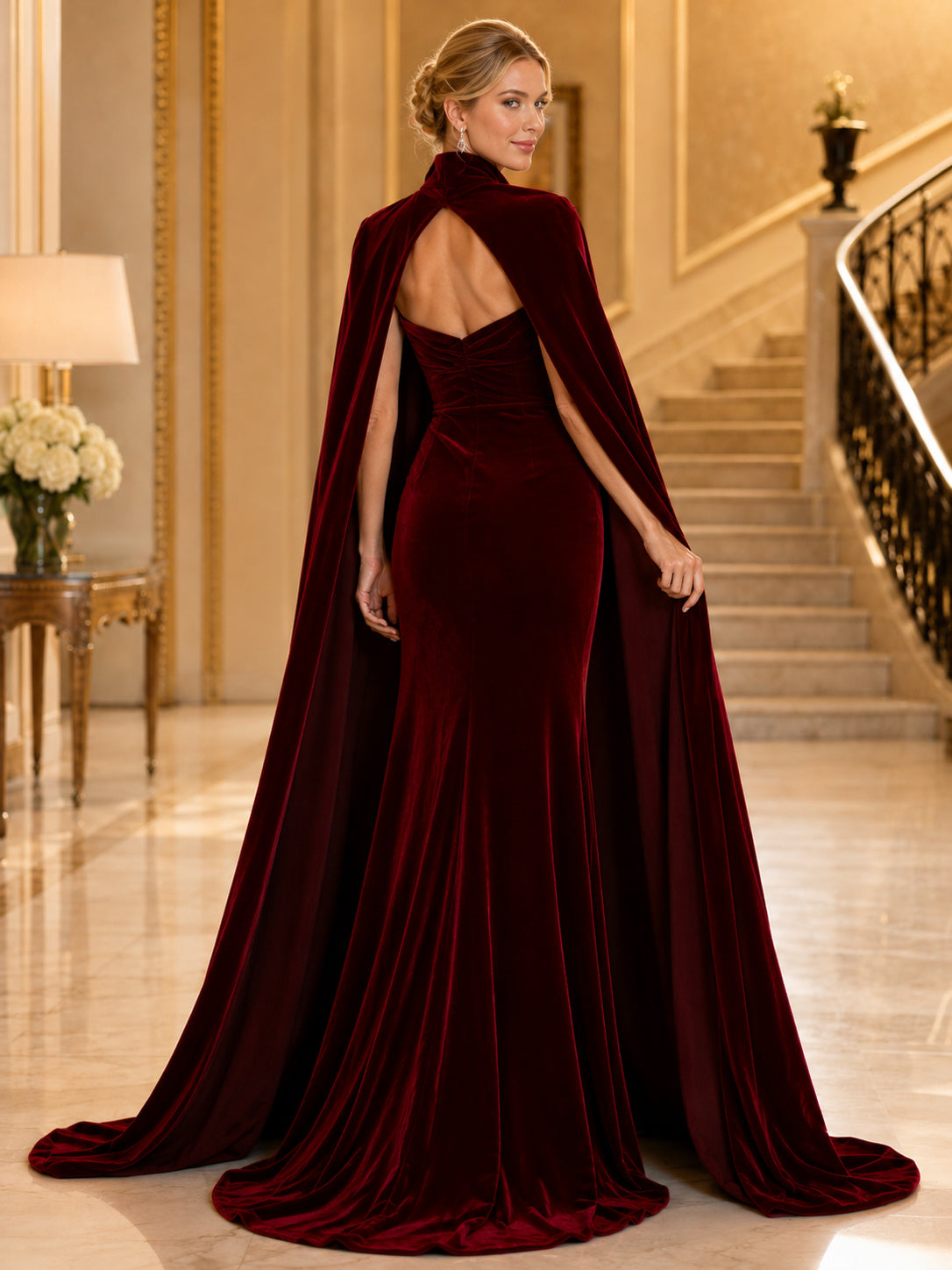 Burgundy Sweetheart Velvet Cape Mermaid Formal Floor Guest Dress back view