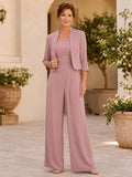 Mother Dusty Rose Chiffon Pantsuit with Scoop Neck Tailored Jacket and Wide Leg Pants front view