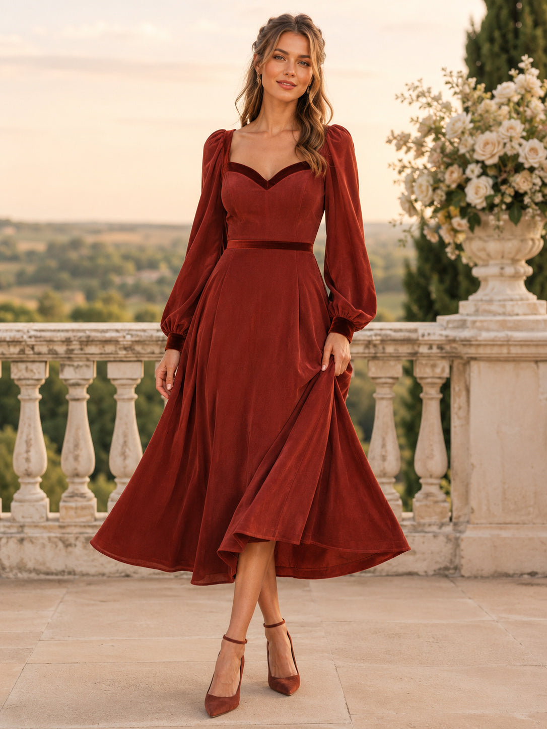 Burgundy Sweetheart Poet Sleeve Velvet Tea Length Guest Dress front view