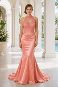 Coral V-neck Sleeveless Mermaid Satin Floor-Length Dress With Ruffle Back