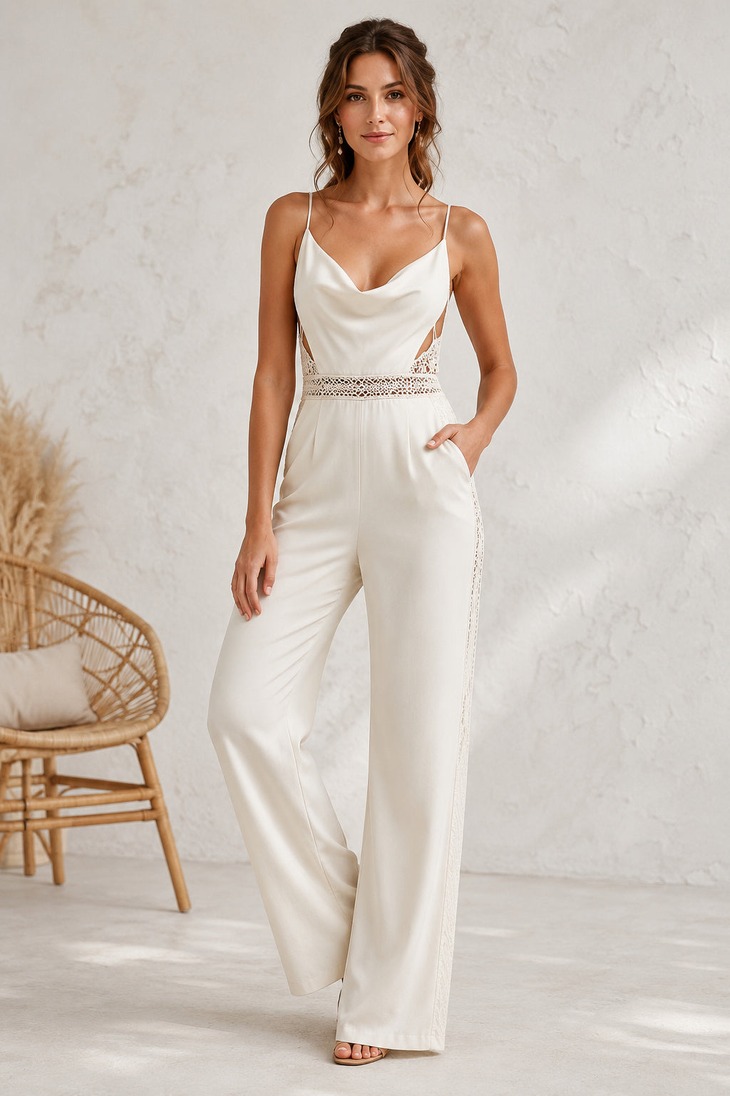 Ivory Cowl Spaghetti Strap Sleeveless Satin Floor-Length Bridal Jumpsuit with Draped Cowl Bodice and Beaded Waist front view