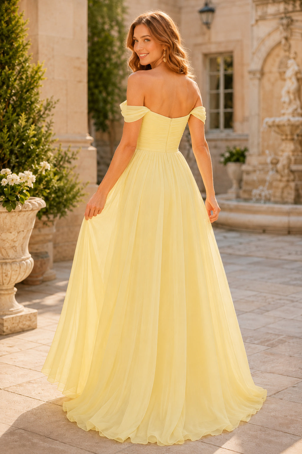 Daffodil Off-the-Shoulder Chiffon A-Line Formal Dress with Front Slit back view