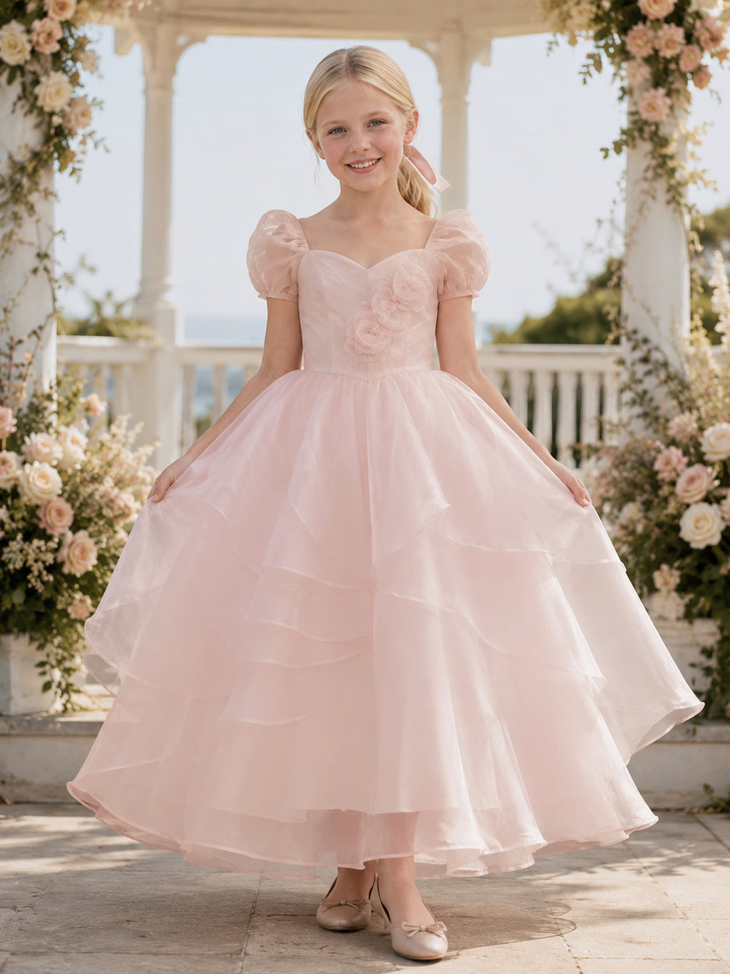 Blush Organza A-Line Flower Girl Dress with Short Sleeve, Off Shoulder, Tea-Length Skirt, Ruffle Detail front view