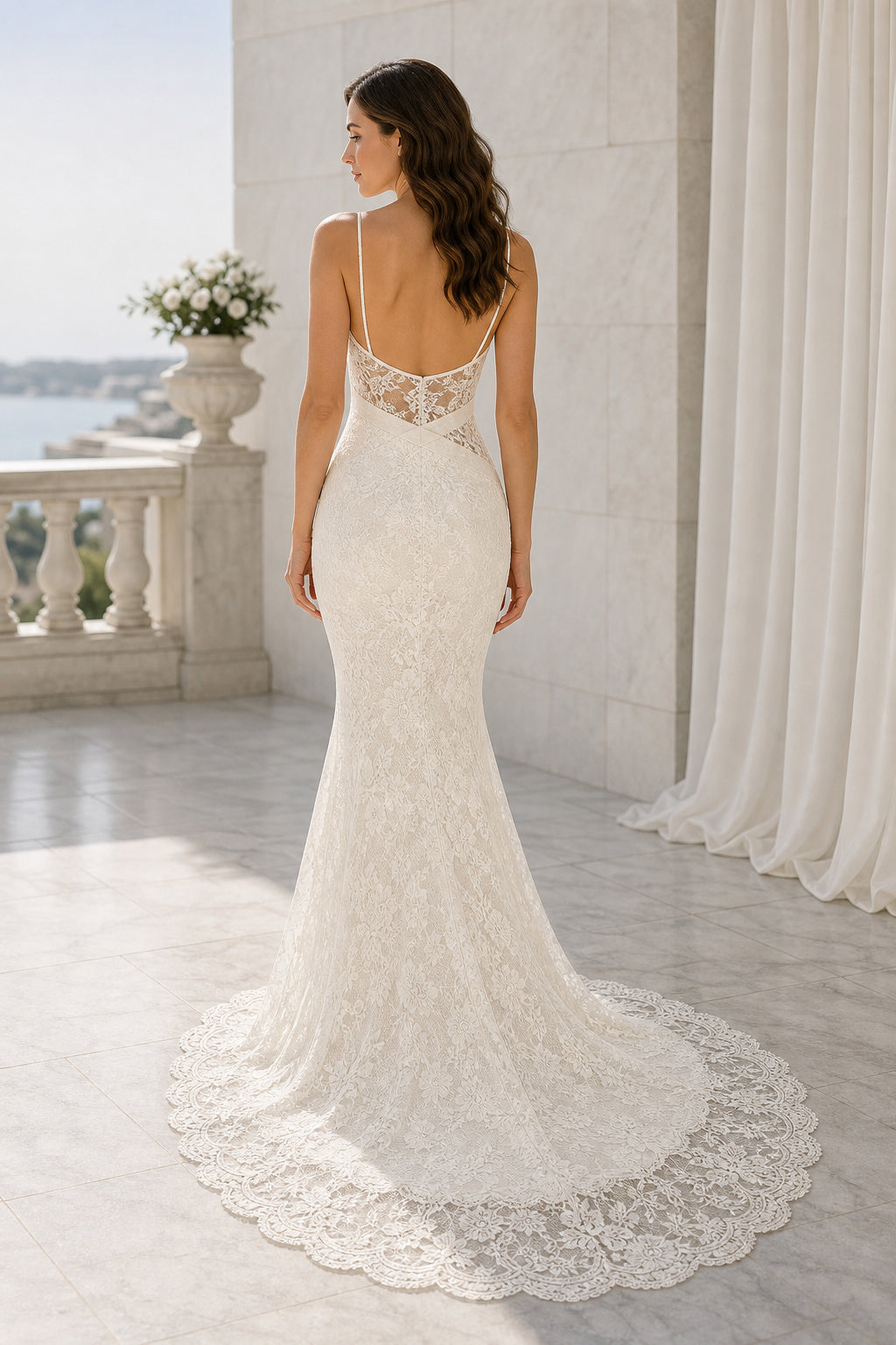 White Scoop Cap Sleeves A-Line Crepe Floor-length Wedding Dress With Layered Skirt and Beaded Bodice and Open Back