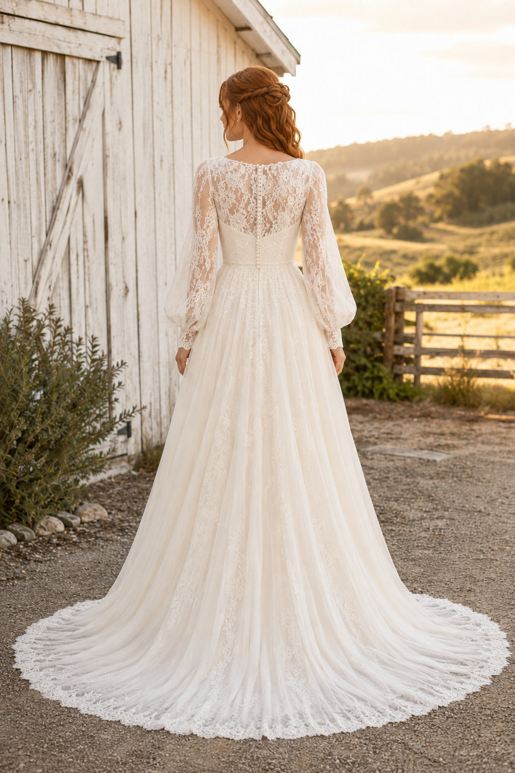 Ivory Modest Bateau Neck A-Line Soft Tulle Wedding Dress with Long Lace Sleeves and Chapel Train back view
