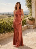 Terracotta Satin Sheath One-Shoulder Sleeveless Ruched Low Back Floor-Length Bridesmaid Dress front view