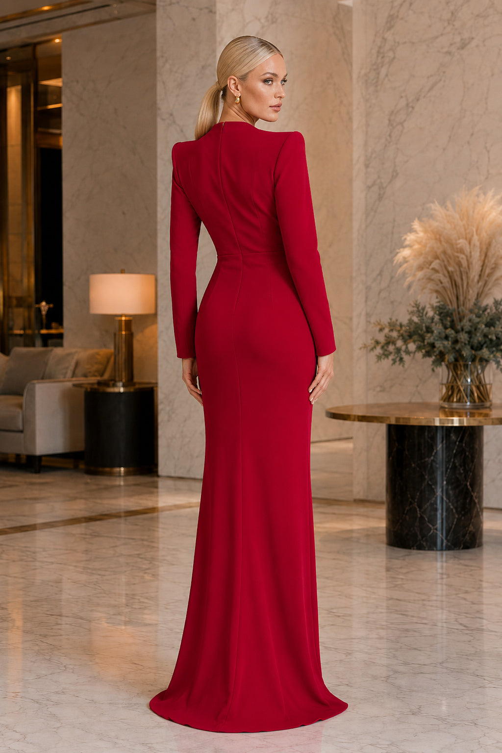 Red Long Sleeve Deep V-Neck Formal Dress back view