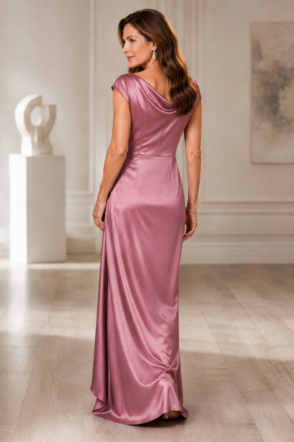 Vintage Mauve Cowl Neck Satin Sheath Mother Dress with Cap Sleeves and Side Drape back view