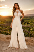 Ivory Halter High Neck Sleeveless Lace Satin Floor-Length Bridal Jumpsuit with Lace Halter Bodice and Soft Wide Leg Pants fro