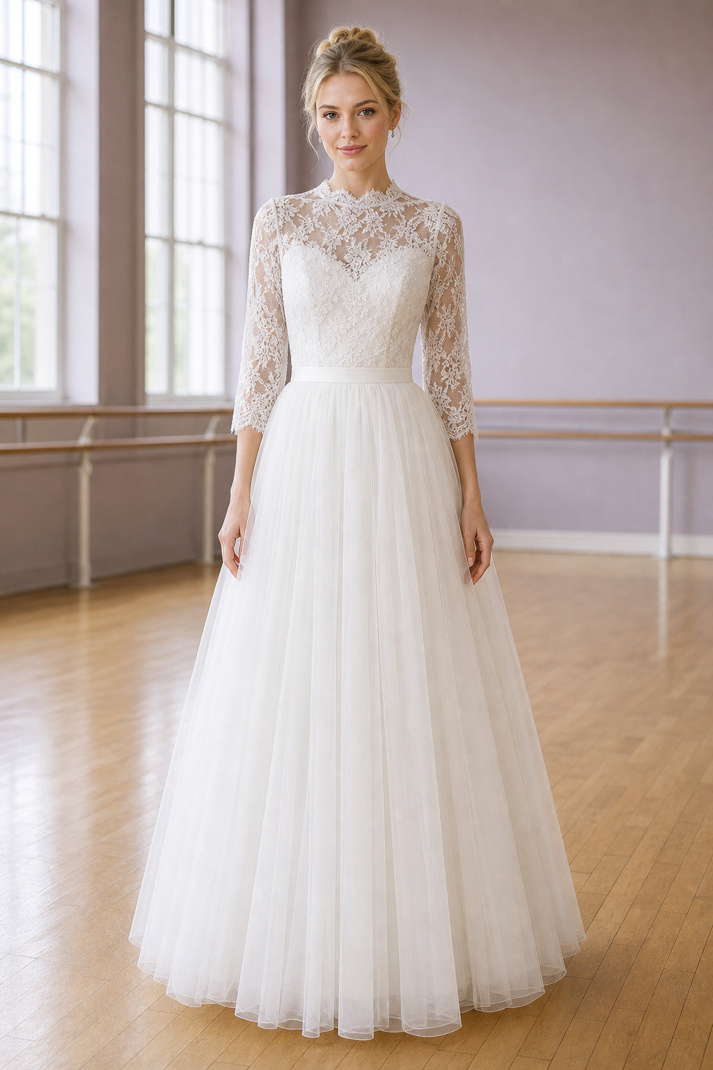 Champagne Bateau Three-Quarter Sleeves Sheath Crepe Floor-length Wedding Dress With Lace Bodice and Sweep Train and Open Back