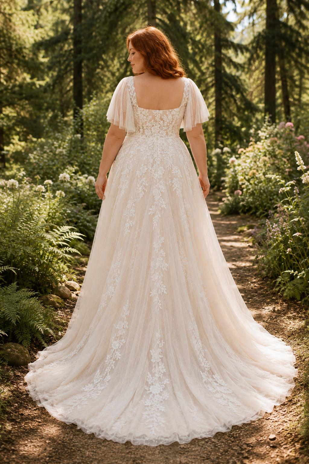 Plus Size Ivory Square Neck Flutter Sleeve Lace Tulle A-Line Wedding Dress with Flutter Sleeves and Lace Appliques back view