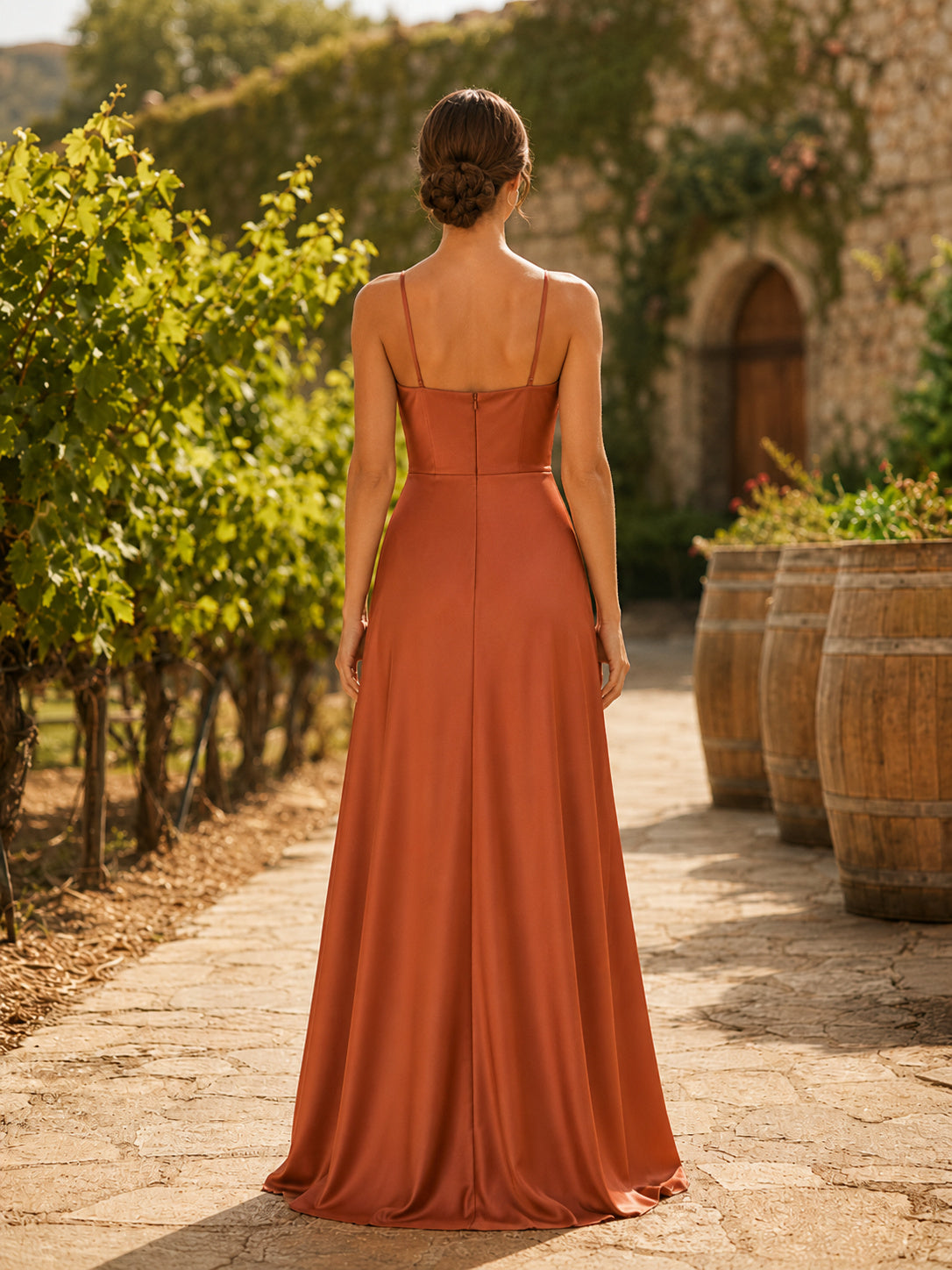 Terracotta Satin Sheath Cowl Neck Spaghetti Strap Draped Strap Back Floor-Length Bridesmaid Dress back view
