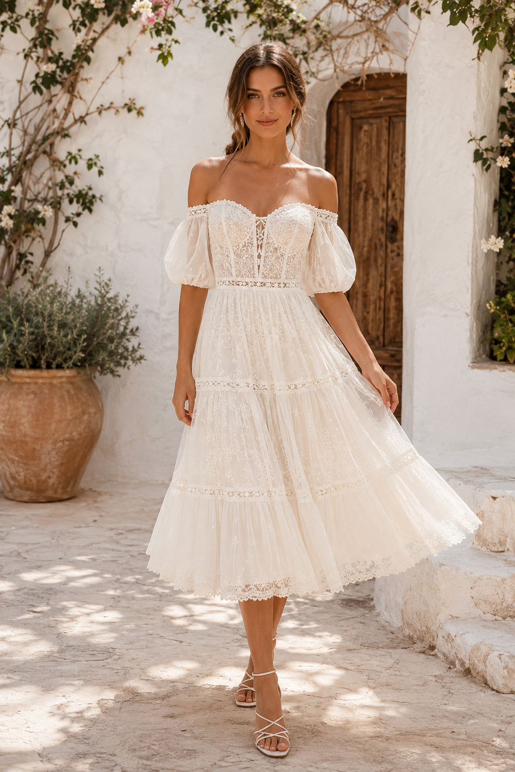 Off-the-Shoulder Tea-Length Wedding Dress with Puff Sleeves and Lace Trim front view