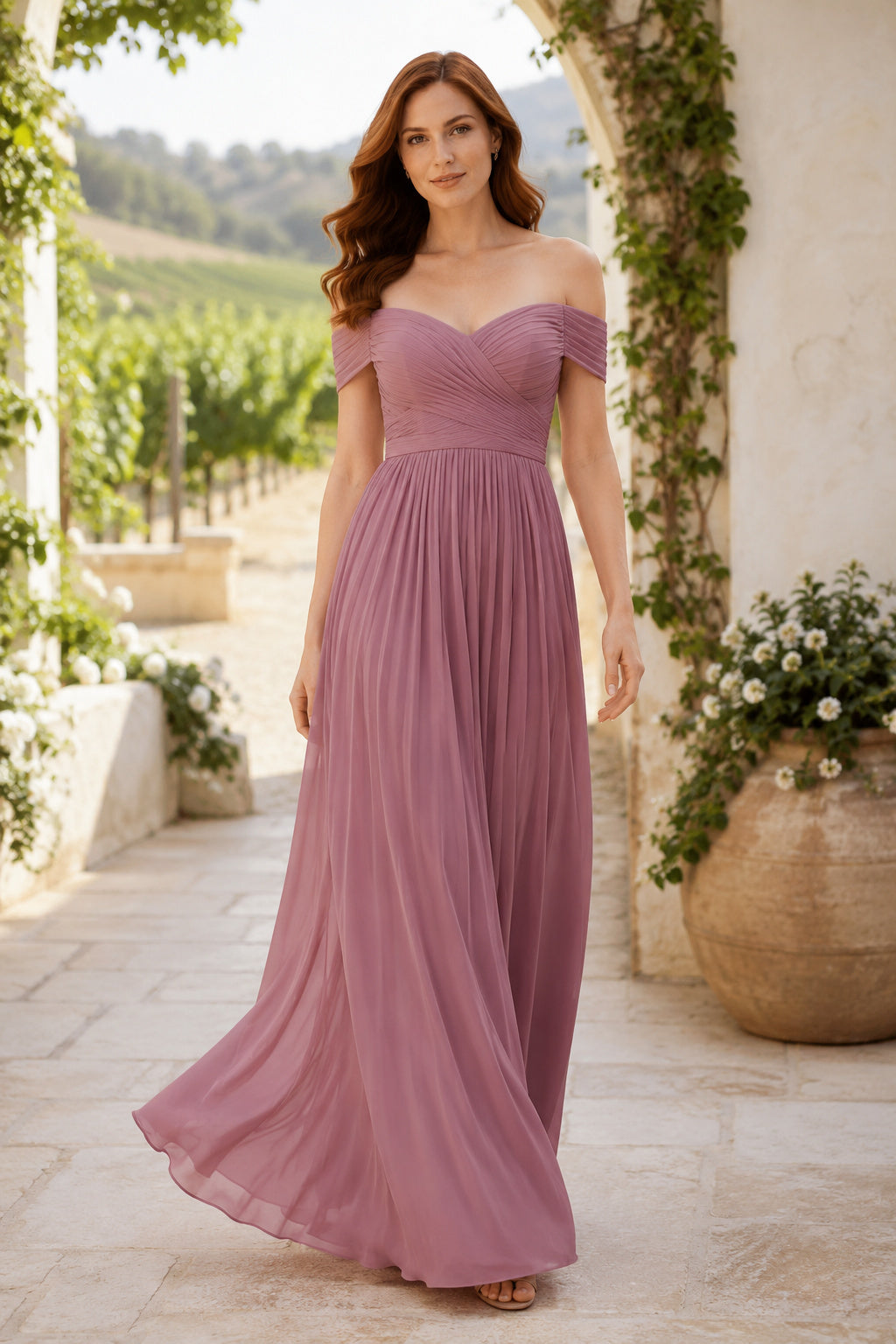 Dusty Rose Off-the-Shoulder Chiffon A-Line Bridesmaid Dress with Sweetheart Neck front view