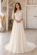 Bateau Long Sleeve A-Line Wedding Dress with Lace Bodice and Chiffon Train for Beach Garden Ceremony front view