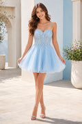 Sky Blue Strapless Tulle A-Line Mini Homecoming Dress with Beaded Bodice front view