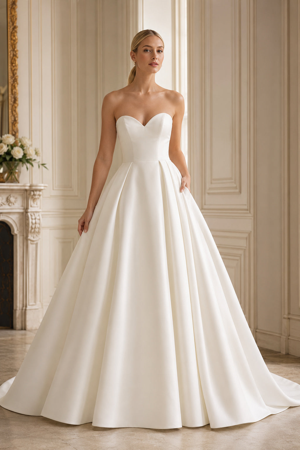Wedding Ball Gown Satin Dress with Strapless Neckline and Chapel Train Style 720801 front view