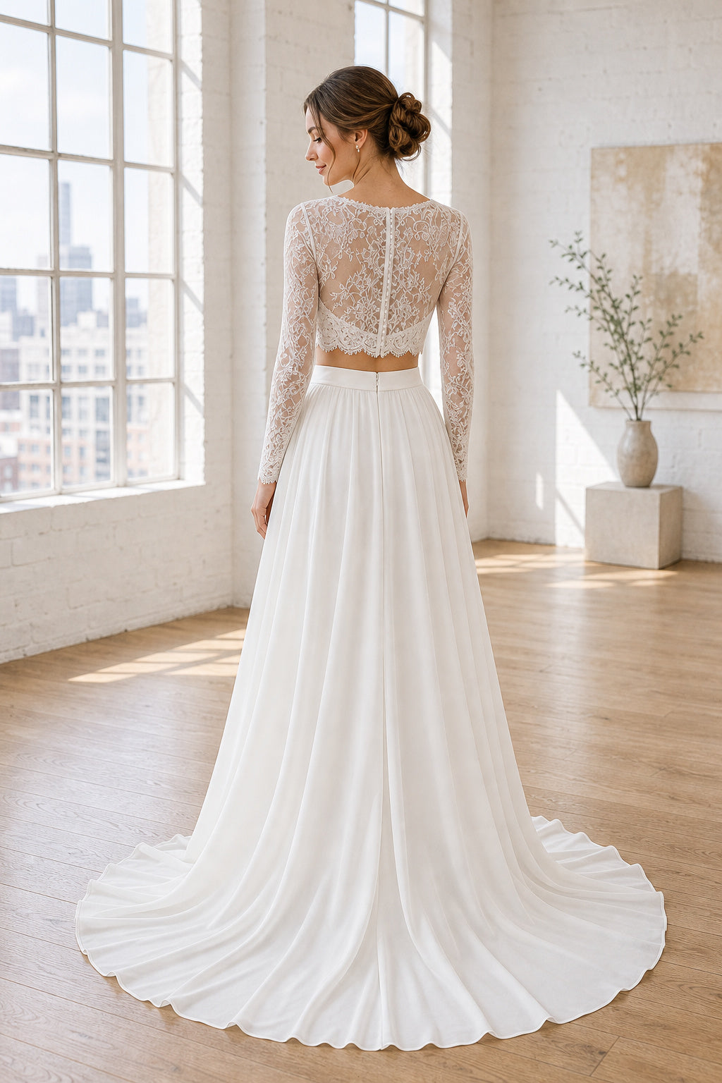 White Bateau Cap Sleeves Sheath Crepe Floor-length Wedding Dress With Layered Skirt and Beaded Bodice and Open Back