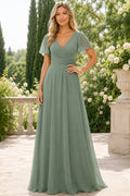 Sage V-Neck Chiffon A-Line Bridesmaid Dress with Flutter Sleeves and Pleated Waist front view