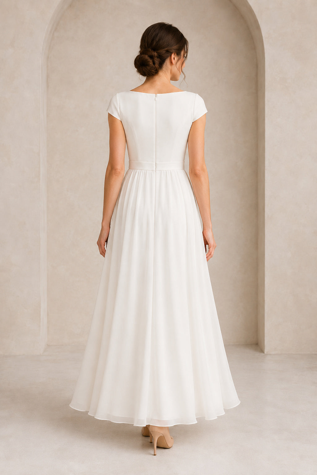 White Cap Sleeve Simple Chiffon Dress with Bow Waist Floor Length A-Line Wedding Dress back view