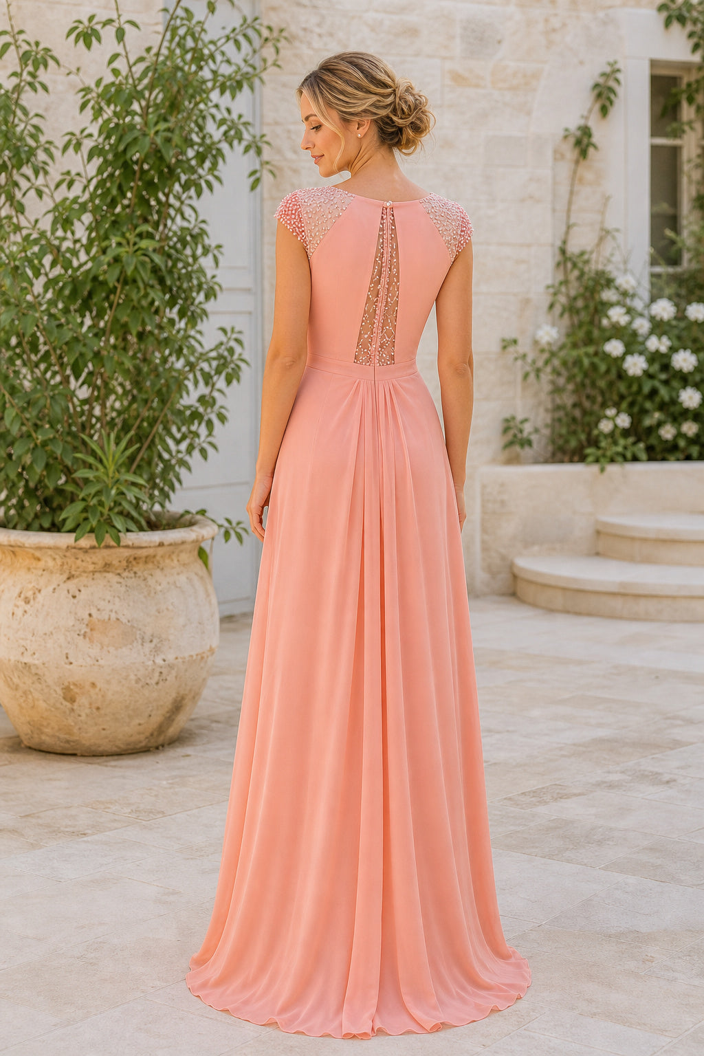 Coral Bateau Sleeveless A-Line Chiffon Floor-Length Dress With Keyhole Back