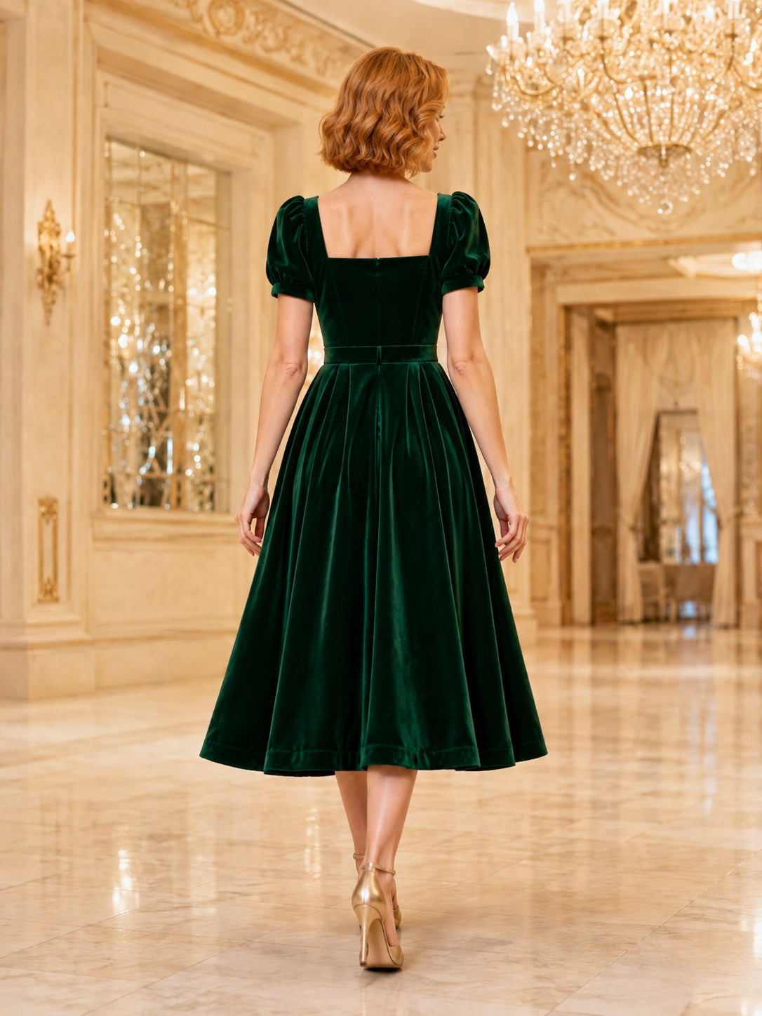 Emerald velvet square neck puff sleeve theater midi dress back view