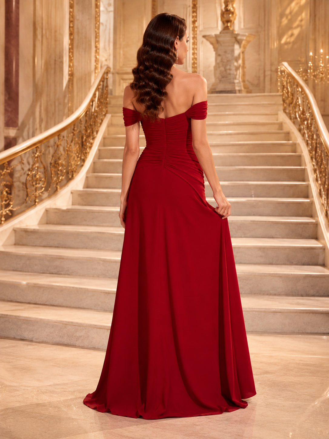 Red Glamour Off-the-shoulder Slit Evening Gown back view
