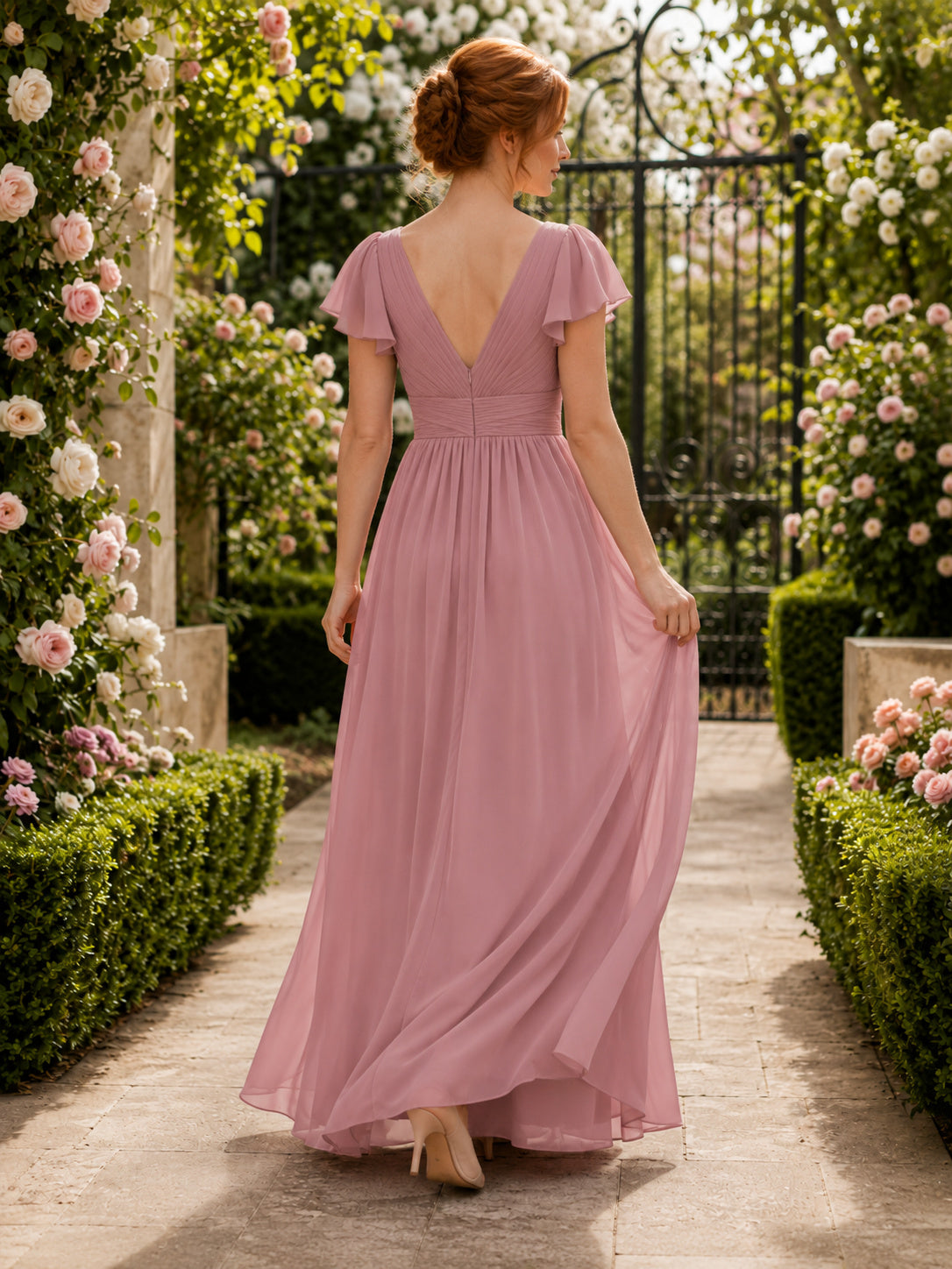 Dusty Rose Botanical Garden A-Line Chiffon Bridesmaid Dress with V-Neck Flutter Sleeve Bodice, Pleated Floor-Length Skirt and