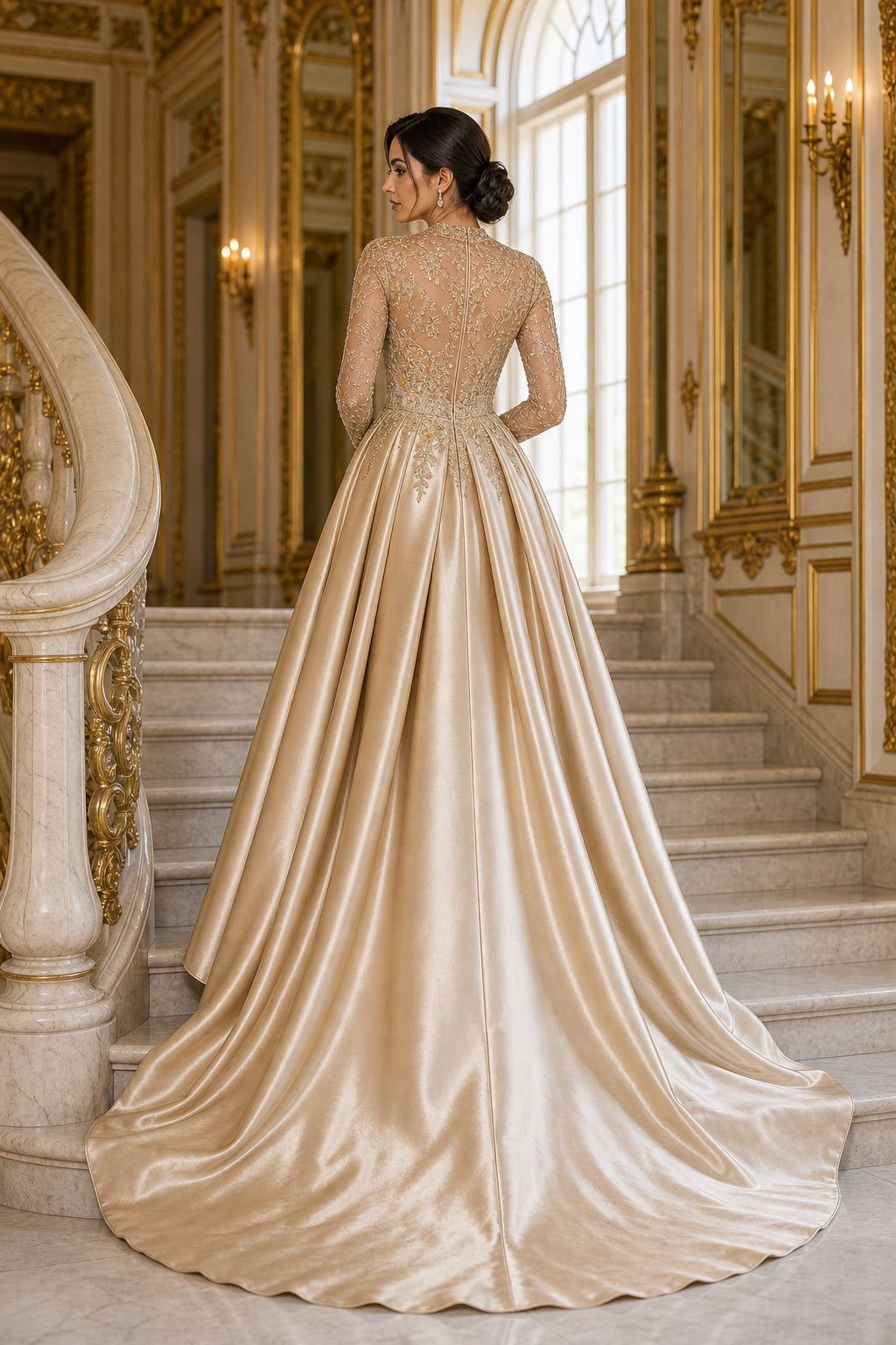 Champagne Long Sleeve A-Line Satin Floor-Length Dress With Lace Bodice
