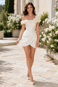 Off-the-Shoulder Wrap Mini Bridal Dress with Floral Trim front view