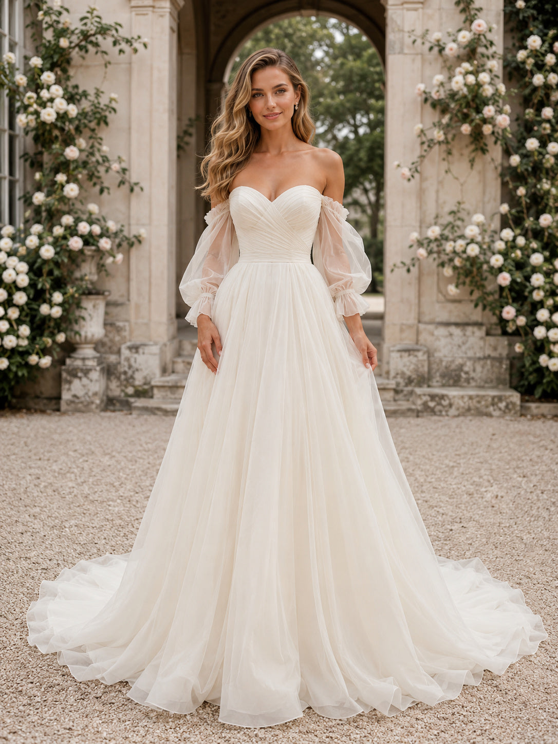 Romantic Tulle Wedding Dress A-Line Off Shoulder Long Sleeve Sweep Train Bridal Gown front view