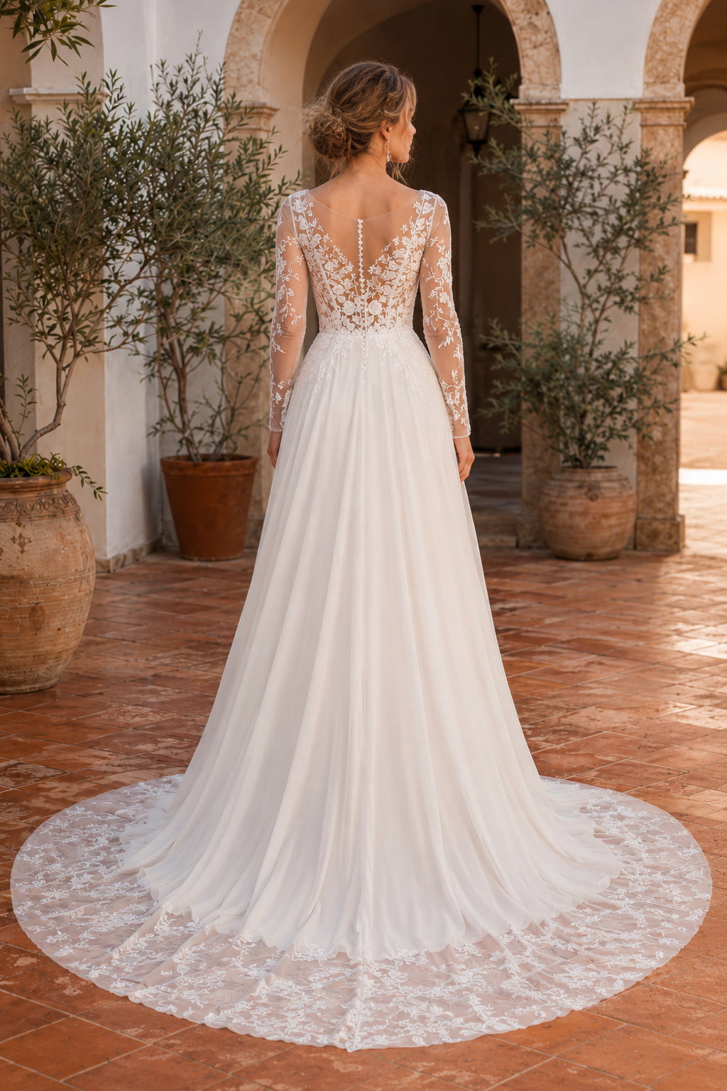 Ivory Long Sleeve Lace Bodice Chiffon A-Line Wedding Dress Train for Wedding Ceremony and Reception back view