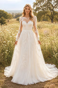 Ivory Illusion Jewel Long Sleeve A-Line Wedding Dress with Lace Appliques and Chapel Train front view