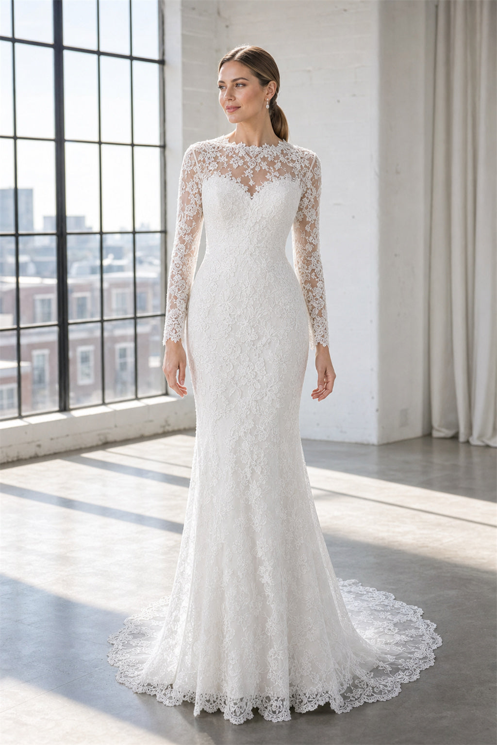 White Illusion Long Sleeves Mermaid Lace Floor-length Wedding Dress With Lace and Train and Open Back